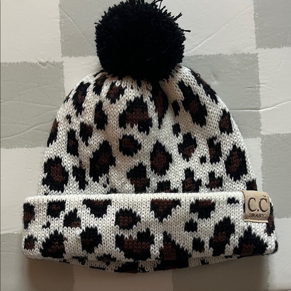 C.C Baby Leopard Print Beanie with Pom Pom